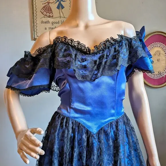 Vintage 80s Gunne Sax Ball Gown Southern Belle Maxi Dress Blue Satin Lace Size 5 - Picture 4 of 14